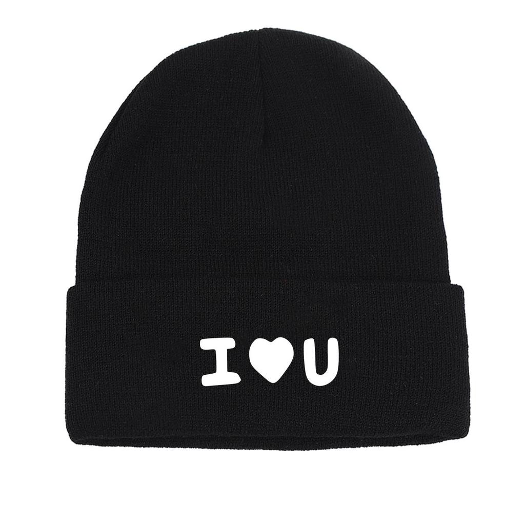 White "I Love U" Print Knit Hat Beanie, Man Cap Soft Cozy Solid Gorro Knit Cap Beanie