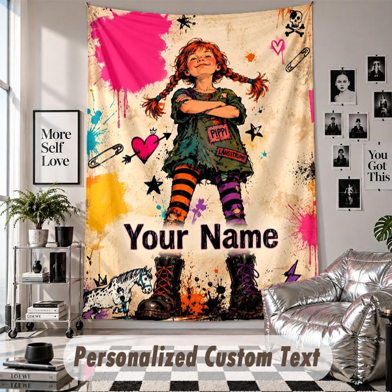Custom Tapestry Wall Hanging, Pippi Longstocking Personalized Name Text Home Wall Decor