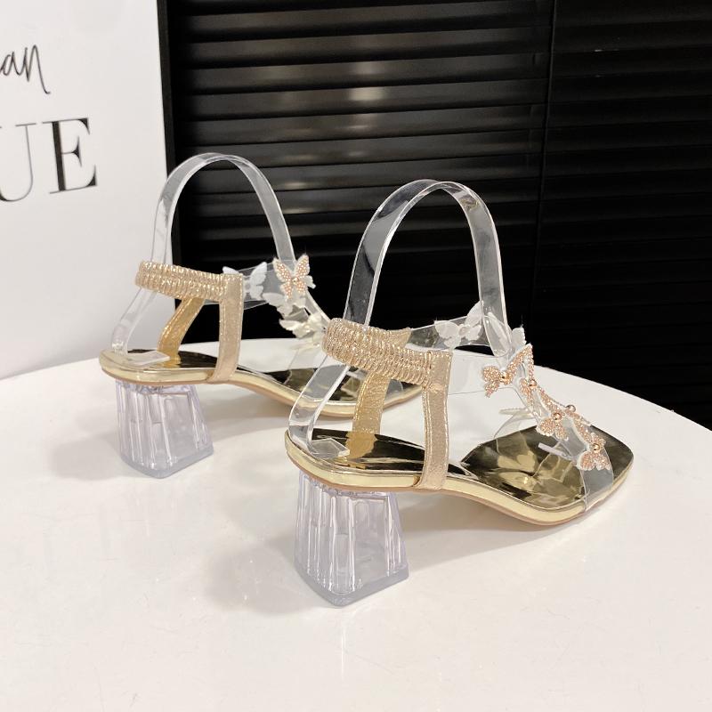 Модные женские босоножки со стразами 2025 Летняя мода Универсальная уличная женская обувь на высоком каблуке Элегантная женская обувь большого размера для официальных мероприятий