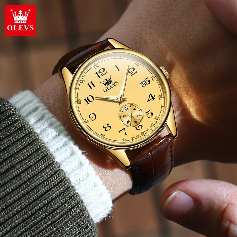 OLEVS Мужские часы кварцевые часы для мужчин кожаный ремешок роскошные деловые наручные часы дата водонепроницаемые арабские цифры маркеры