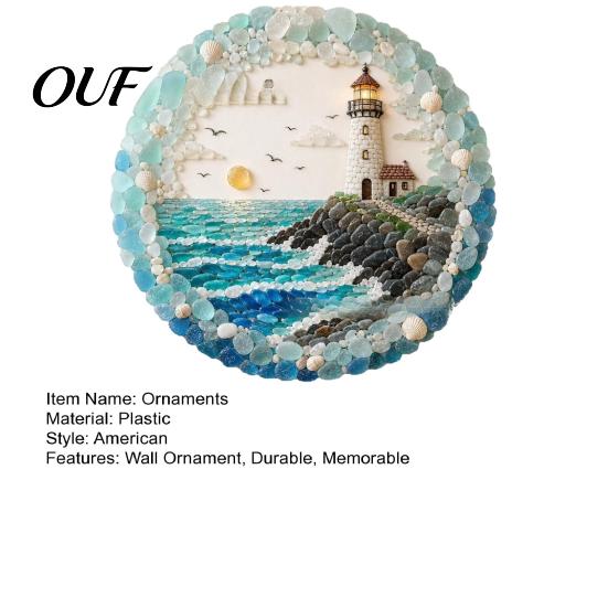 Handcrafted Nautical Wall Decor Lighthouse Sea Glass Art Ornament, Hand Assembled Shells And Tumbled Relaxed Coastal Living Room Accent Decor,