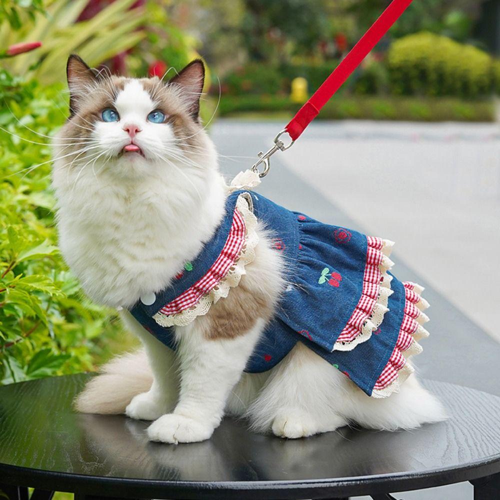 Denim Cherry Dog Denim Dress Breathable Mesh Cat Clothes Puppy Clothing with Leash Couple Outfit