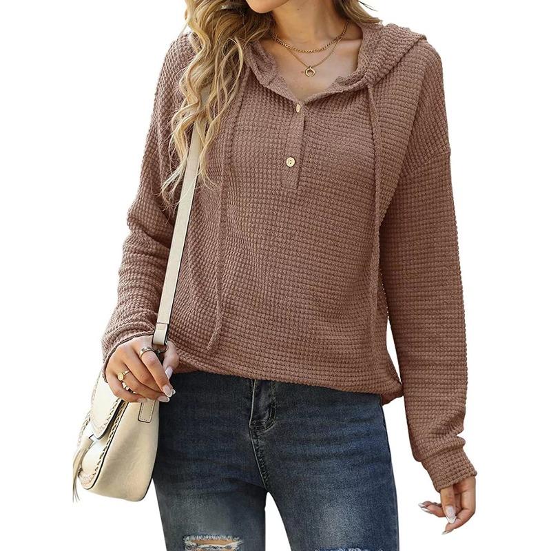 Autumn Winter Women's Loose Sports Knit Sweater, Long Sleeved Button Up Hooded Sweater