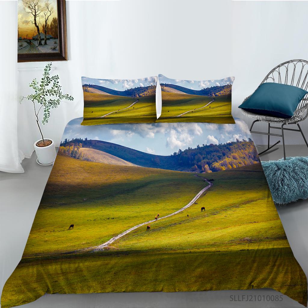 3D Forest Pattern Deluxe Home Bedding Set Full Size Quilt Cover and Pillowcase Landscape Print Washable and Comfortable Bedroom Bedding