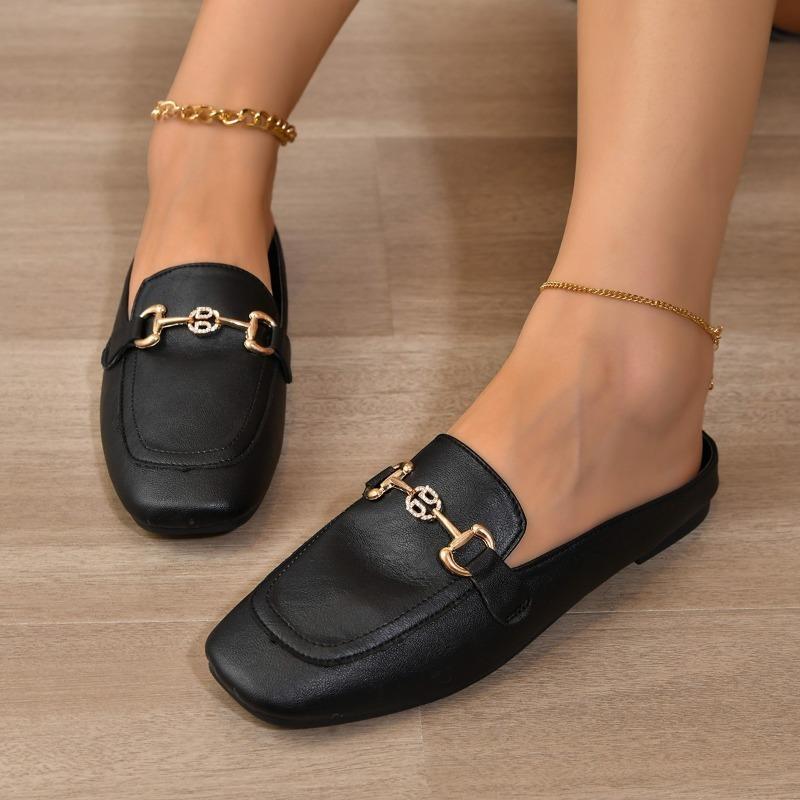 Тапочки Baotou Half Slippers Женская обувь в британском стиле Модные металлические пряжки Украшенные средним каблуком Повседневные шлепанцы Весна Лето Ленивые тапочки