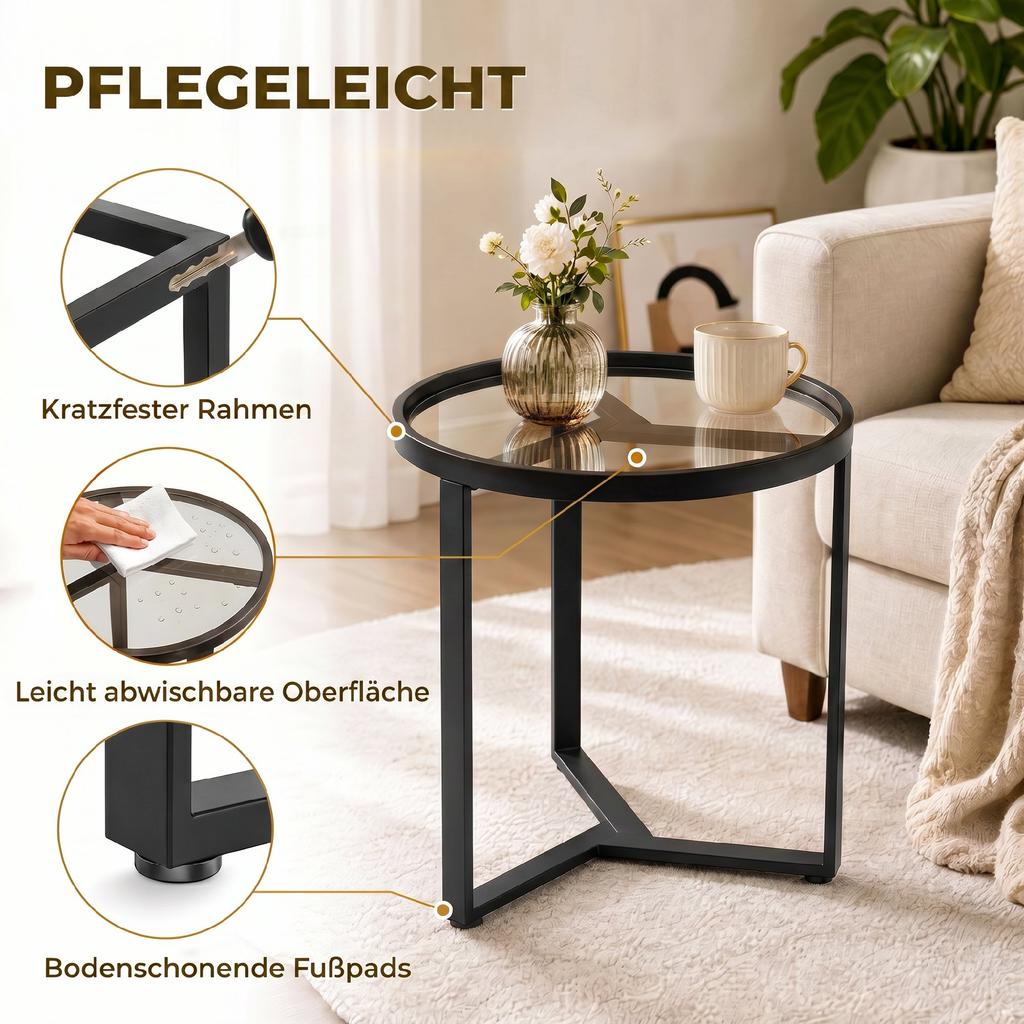 Round Side Table with Tempered Glass Top and Geometric Metal Frame for Small Space, Black