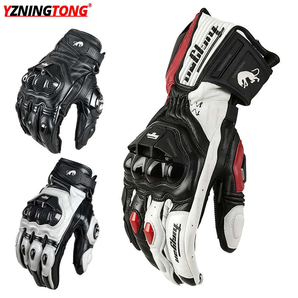 Leather Motorcycle Gloves Black White Red Racing Genuine Leather Motorbike Road Racing Team Glove Summer Winter Rider Gloves