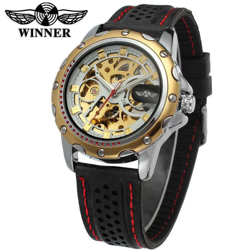 Winner Top Men's Watch Skeleton Men's Automatic Mechanical Watch Black Fashion Watch Silicone Strap
