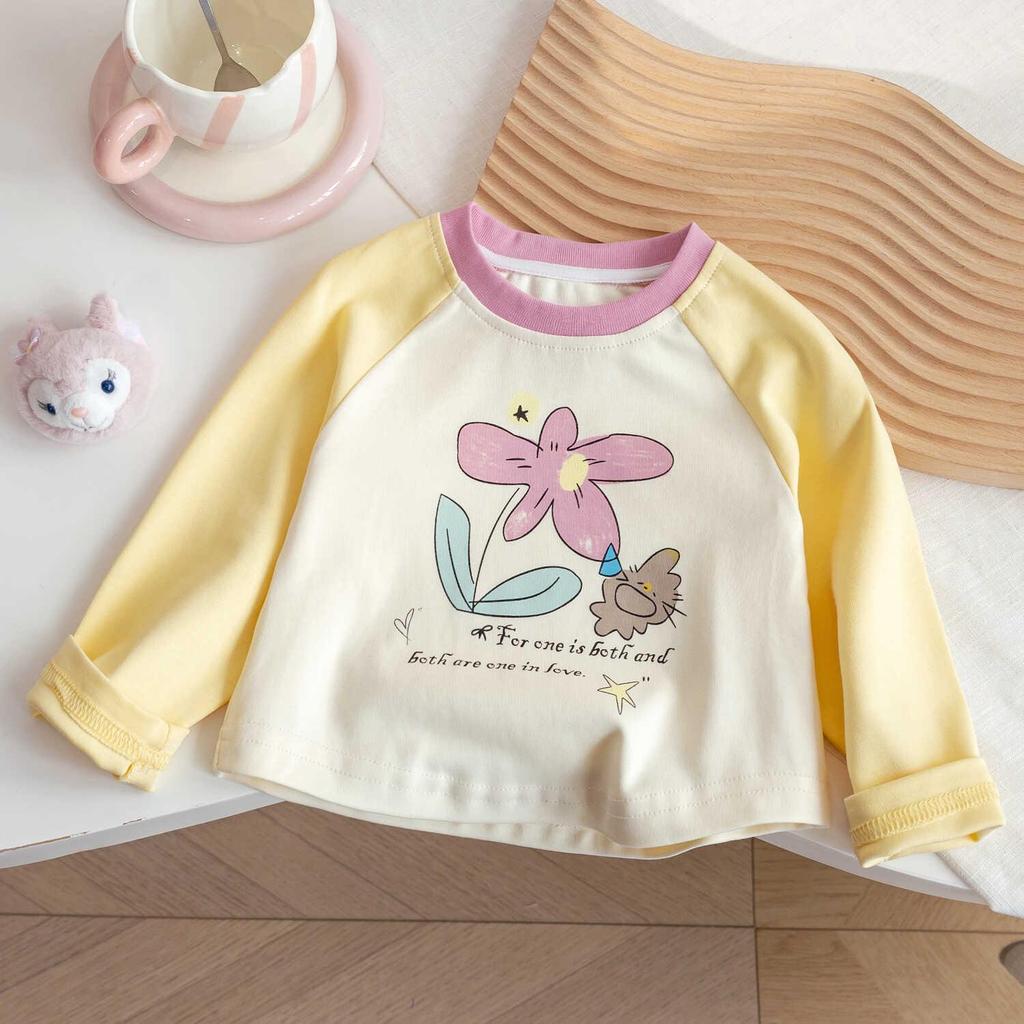 Корейская осенняя мультяшная футболка с длинным рукавом для девочек: Милый, Цветовой блок, Универсальный принт