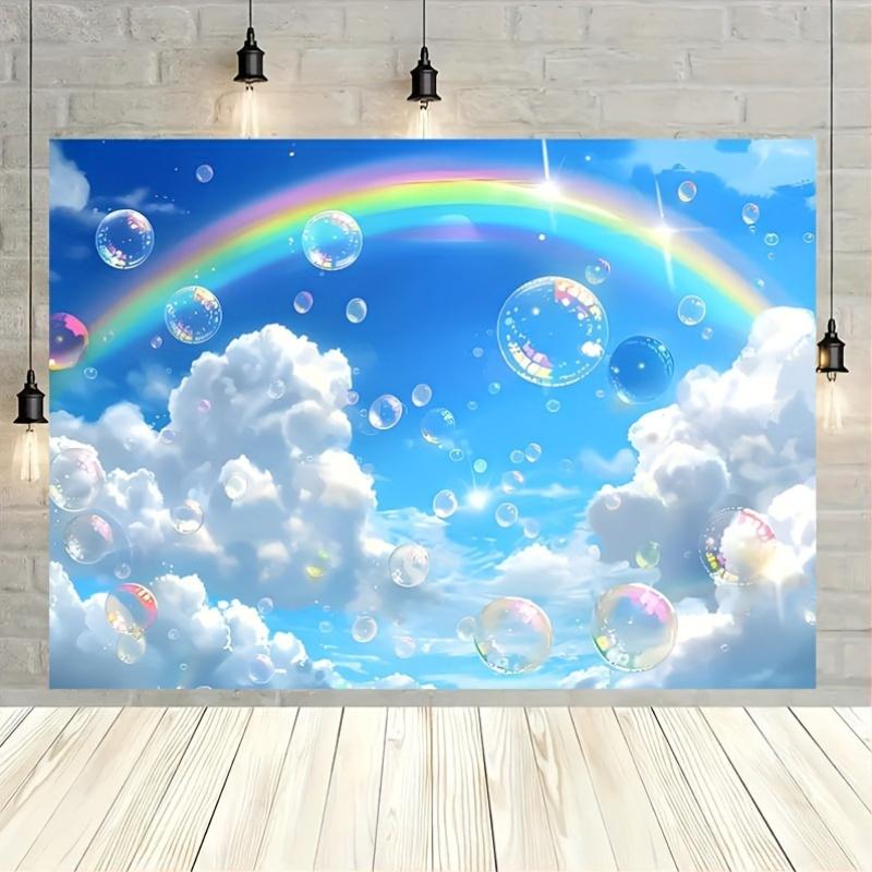 A PC blue sky and white clouds a rainbow floating in the sky colorful bubbles floating on it rainbow dreamy atmosphere