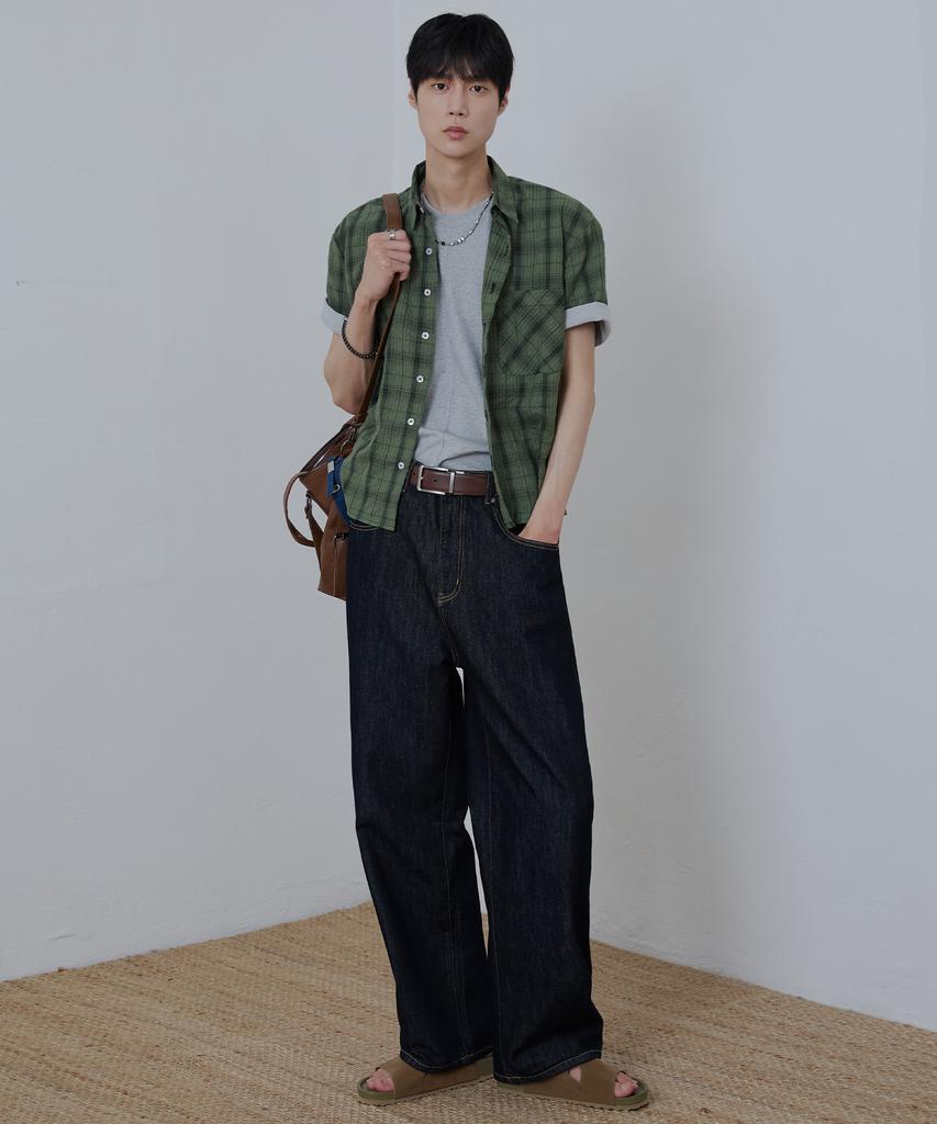 NODU Seersucker Check Crop Half Shirt [Green]