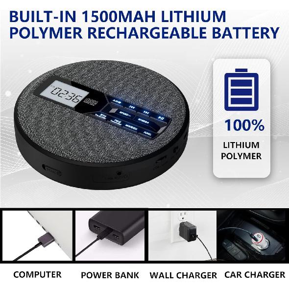 Перезаряжаемый портативный CD-плеер с двумя динамиками и функцией Anti Skip, CD, Dual Bluetooth, FM-передача, USB, AUX, ЖК-дисплей, кнопка с подсветкой, повтор