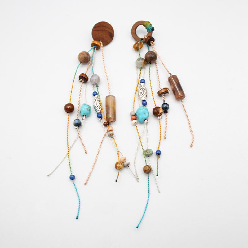 Silver Needle Wood Bead Stone Geometric Tassel Earrings Bohemian Vintage Vacation Stud Earrings Niche Premium Earrings