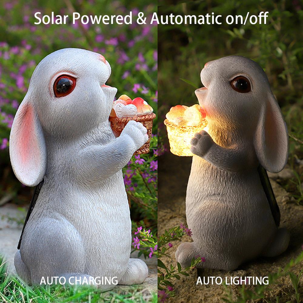 Solar Outdoor Garden Statues Lights Resin Rabbit With Flowers Garden Sculpture Decor For Patio Yard Lawn Ornaments