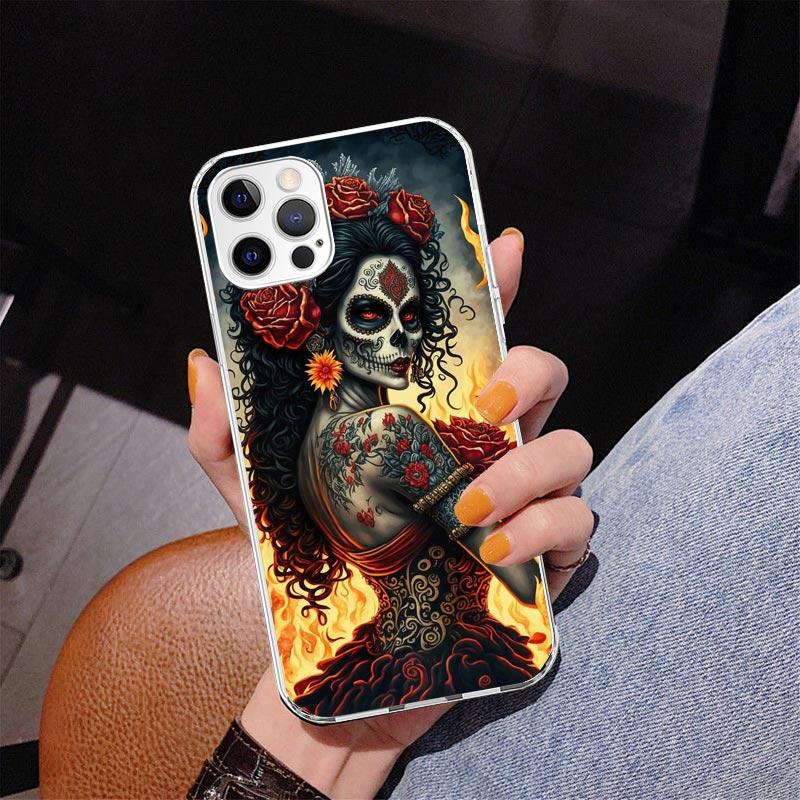 Catrina Beautiful Rose Girl Skull Phone Case For iPhone 17 Air 16 Pro Max 16E 15 + 14 Plus 11 12 13 Mini 7 8 SE Gift Print Cover