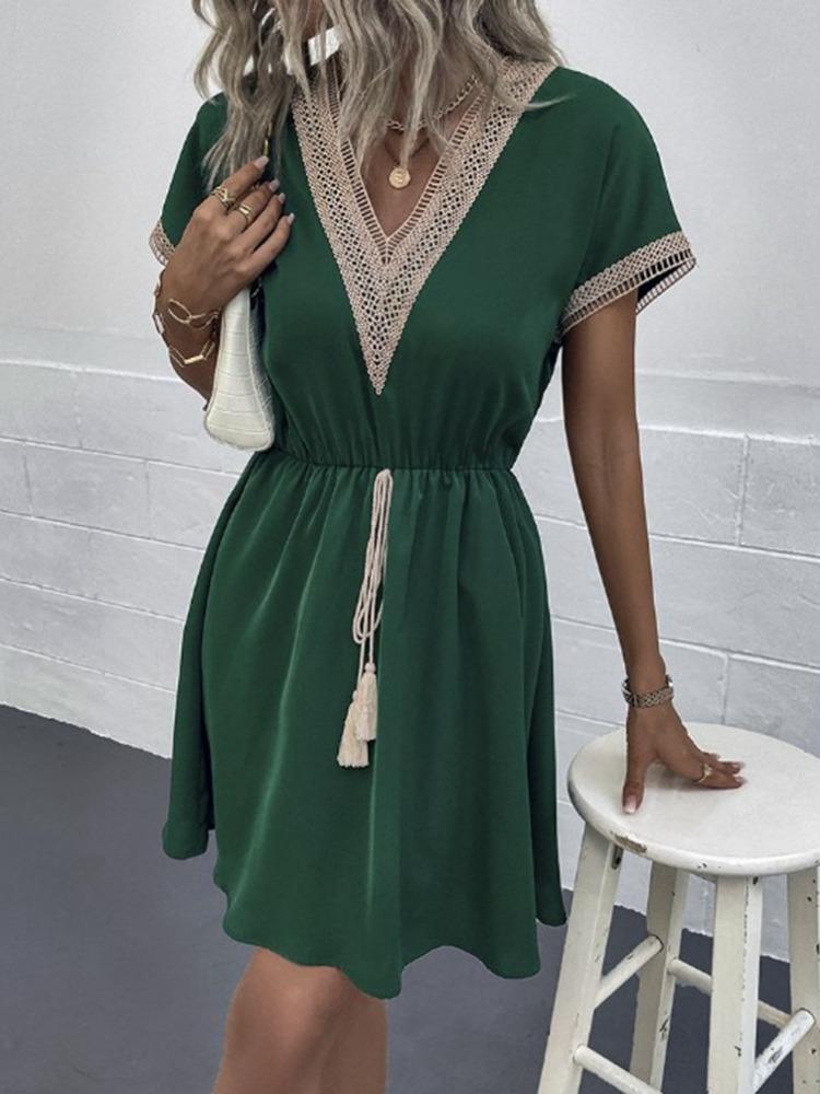 Women's Dresses Summer Fashion Lace Lace Stitching V Neck Loose Lace Up Bohemian Vacation Woman Basic Short Sleeved