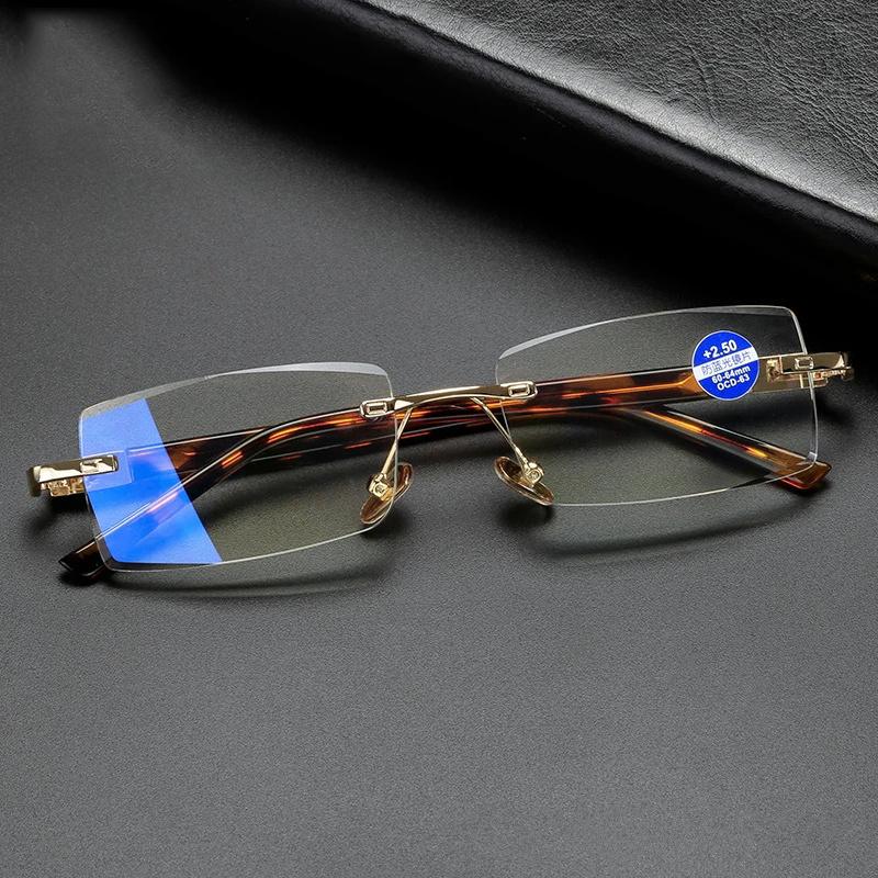 Модные анти-синие очки для чтения без оправы с алмазной оправой, мужские квадратные очки, очки для пресбиопии