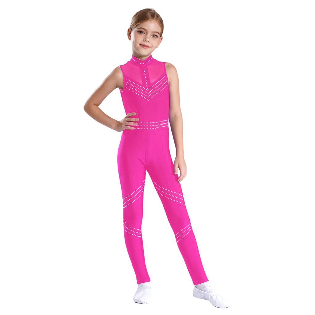 Girls Figure Skating Gymnastics Dance Jumpsuit Sleeveless Mesh Patchwork Shiny Rhinestone Full Body Leotard Rompers