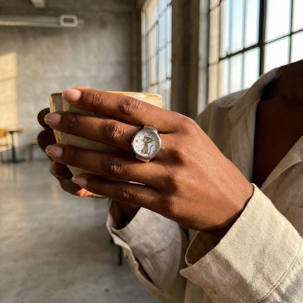 Круглые Кольцо-Часы Золотой Циферблат с Кошкой Punk Кварцевые Часы Аксессуары для Одежды