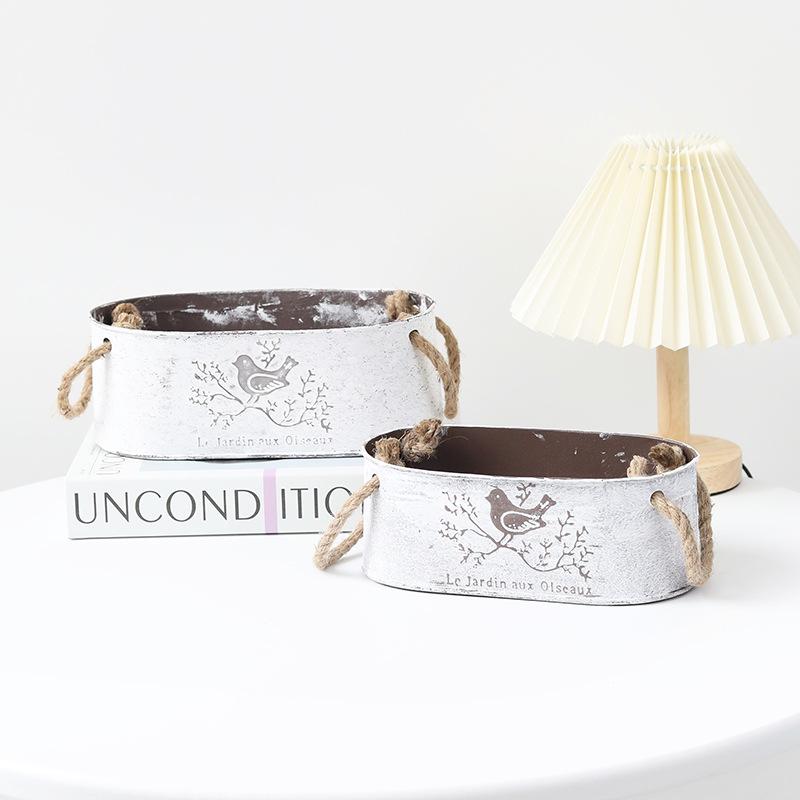 Винтажный овальный металлический цветочный горшок с пеньковой веревкой для суккулентов и зеленых растений