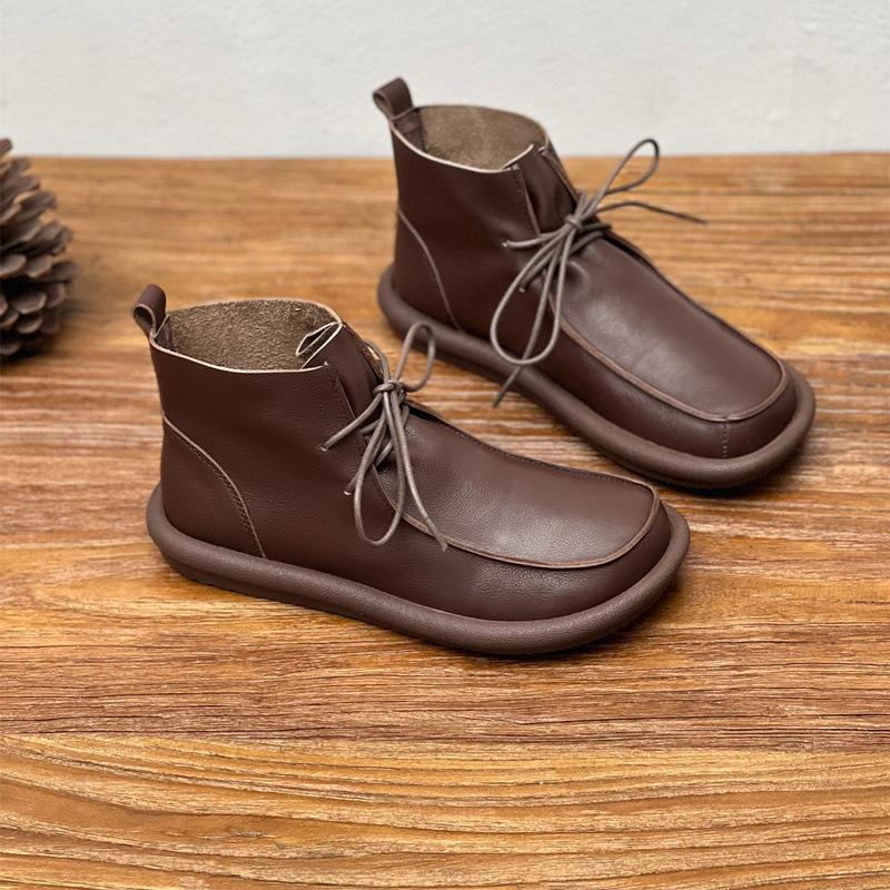 Сапоги из натуральной кожи и хлопка, винтажные, ручной работы, с круглым носком, на плоской подошве, теплые, из коровьей кожи