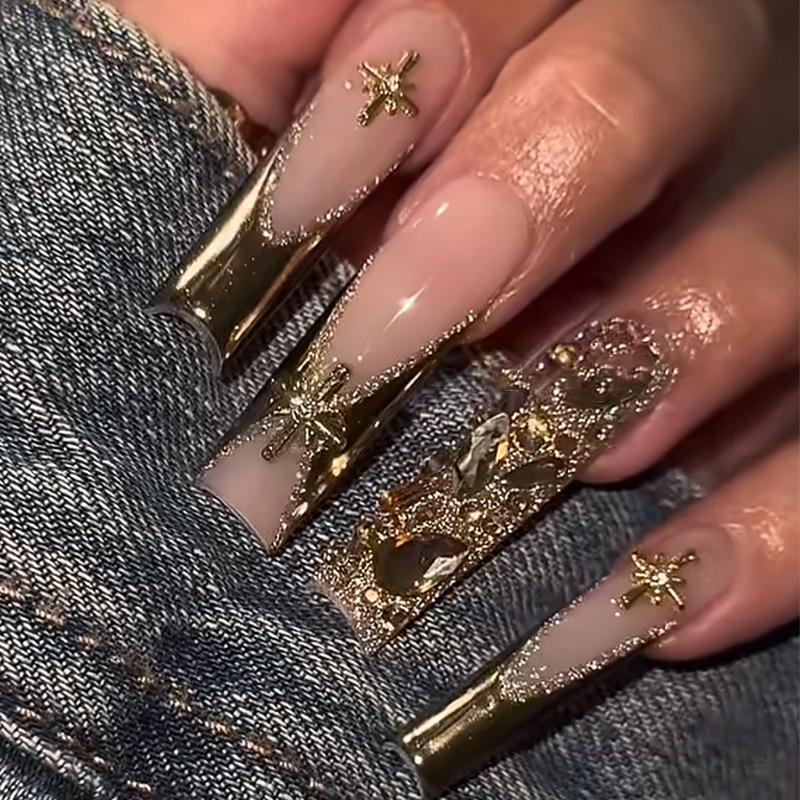 Long pointed nail art zircon French gold foil wearing nail girl sun diamond long wearing nail piece advanced sense