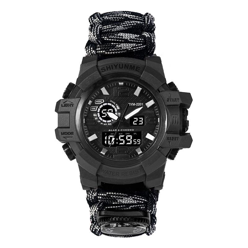 Мужские наручные часы для выживания на открытом воздухе с двойным дисплеем, спасательной веревкой, огнивом, свистком и компасом