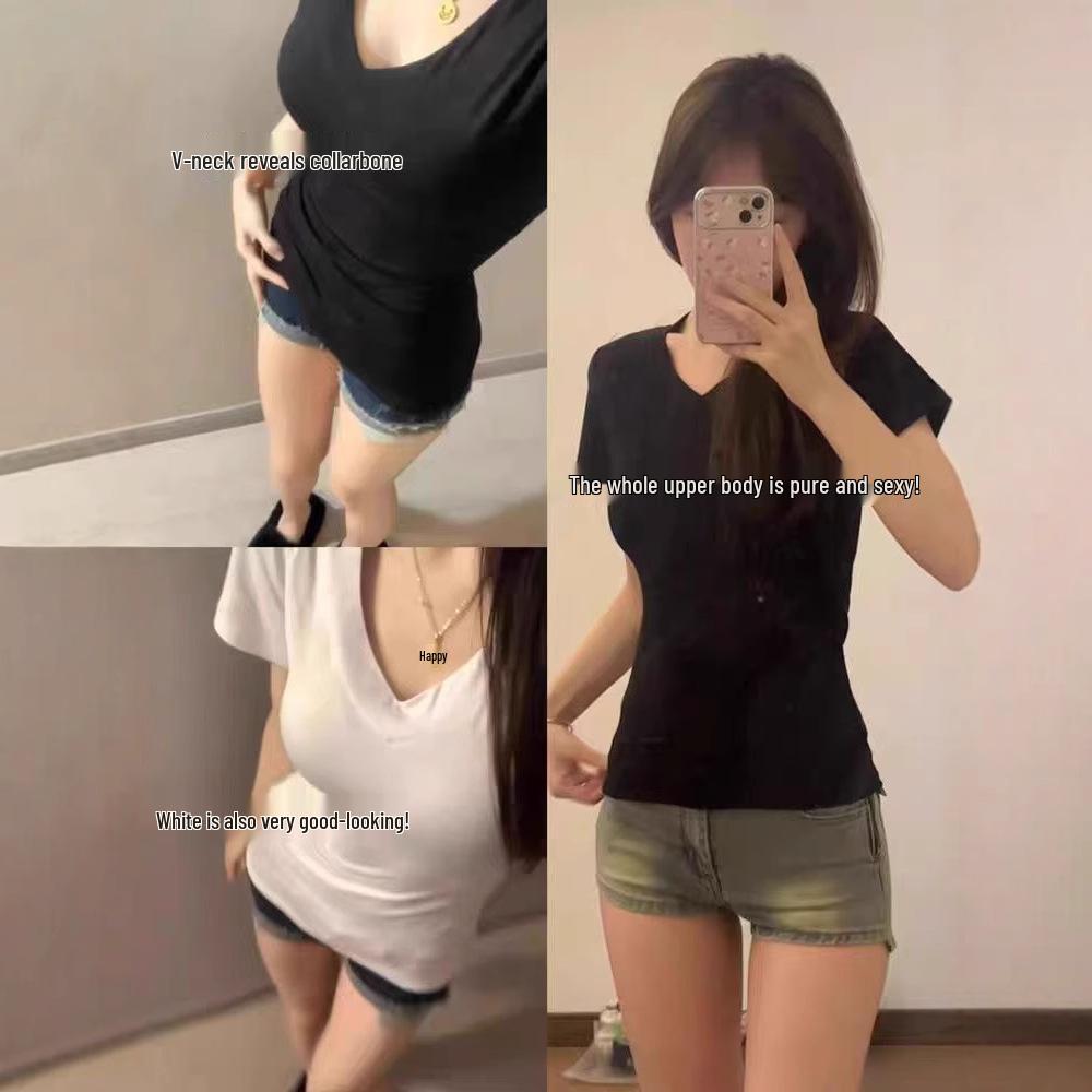 Женская летняя футболка с коротким рукавом и V-образным вырезом, облегающего кроя: Стильный, Универсальный и Высококачественный Дизайн