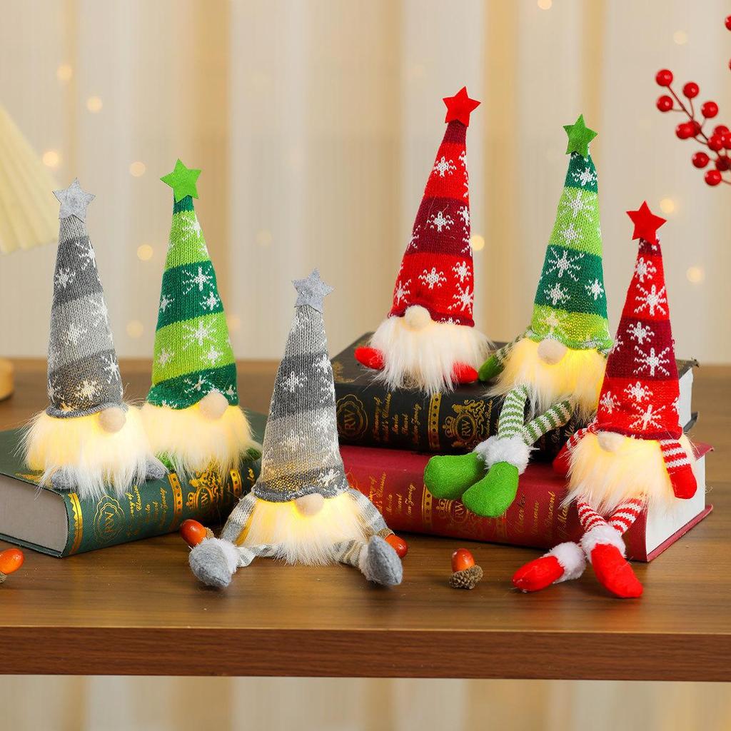 Полосатая вязаная шапка-звезда «Снежинка» со светящимися ножками, рождественское украшение-гном, подарок, украшение