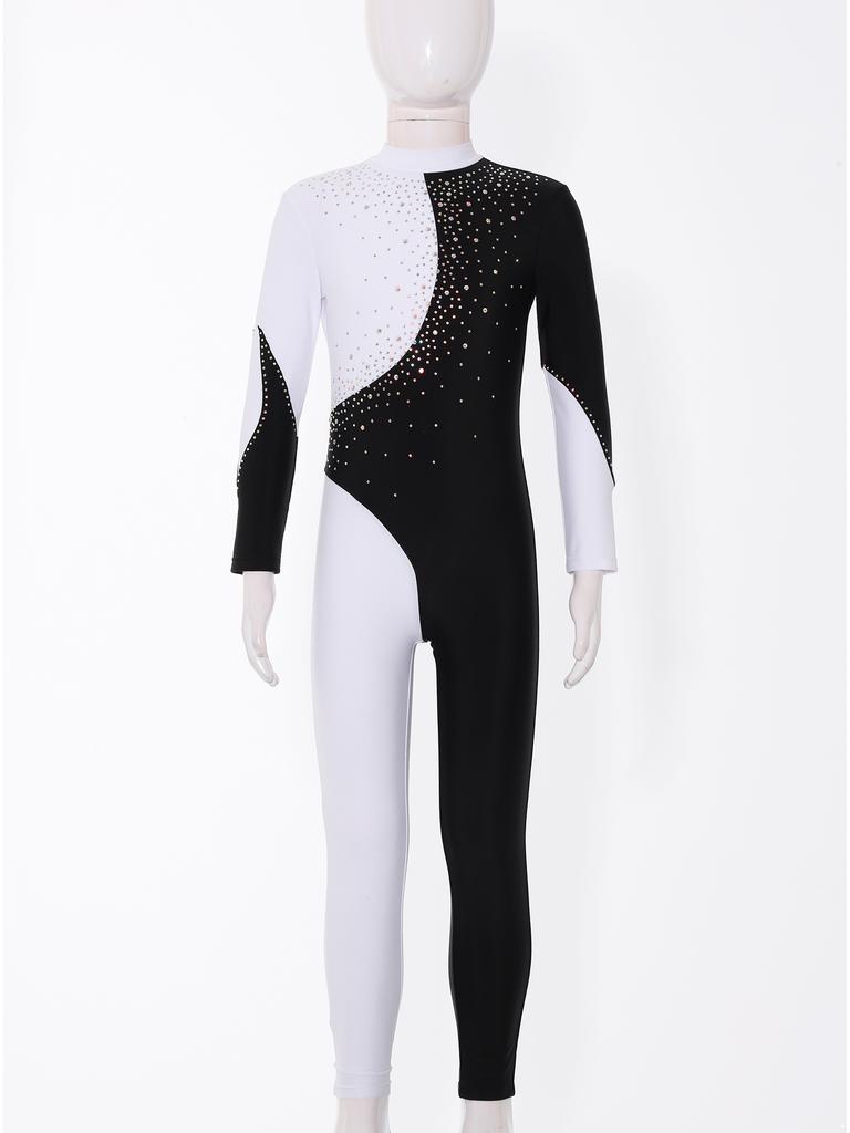 Girls Long Sleeve Round Collar Shiny Rhinestone Decorated Contrast Color Backless Jumpsuit Gymnastic Wear