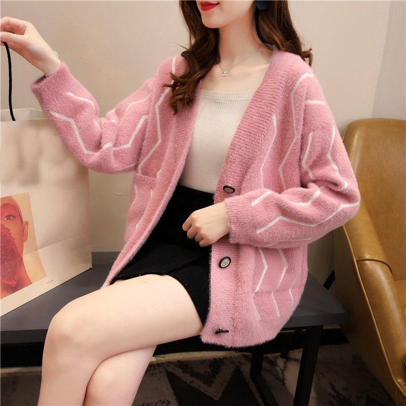 Норковое флисовое пальто, свитер, женский кардиган, осень/зима 2023, универсальный свободный и ленивый вязаный свитер с v-образным вырезом, кардиган, женские топы