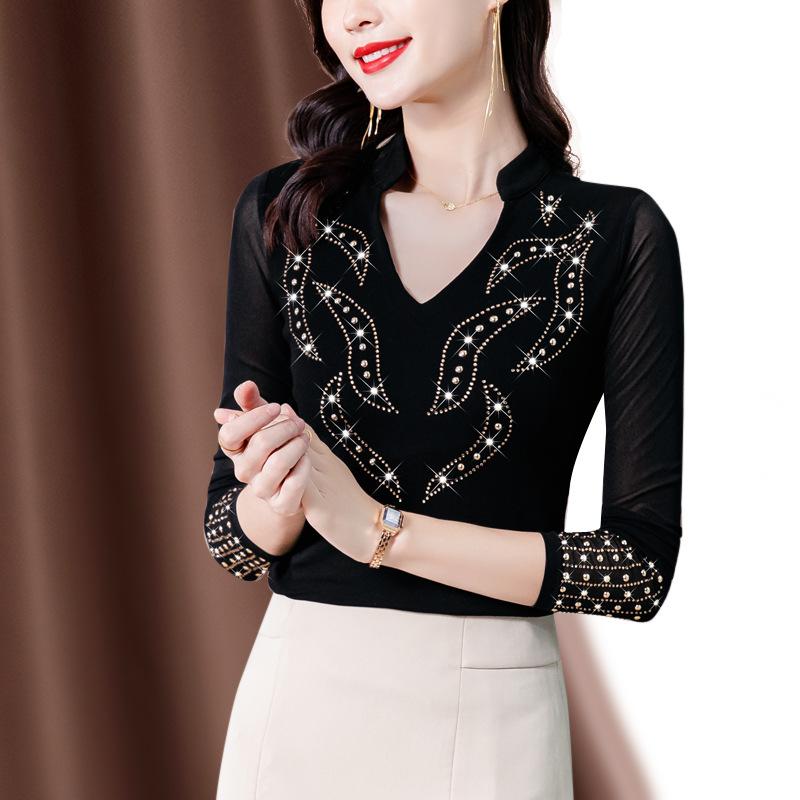 Base Shirt for Women Long-sleeved Early Spring New Red Hot Diamond Fashionable Cotton T-shirt