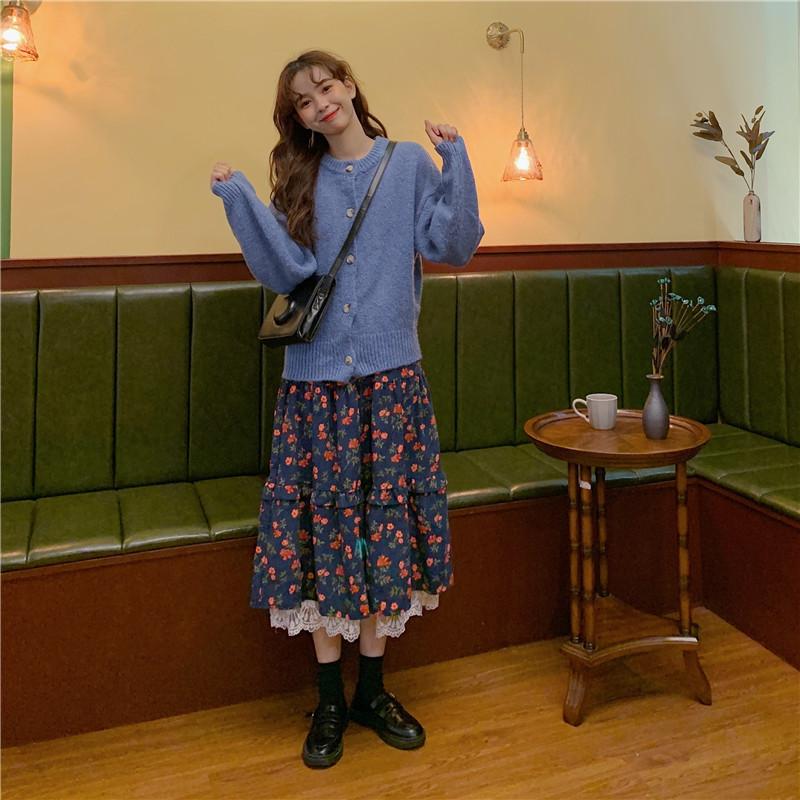 Новая японская женская юбка-миди Mori Girl с высокой талией, темно-синяя, коричневая юбка с цветочным принтом и кружевными оборками, винтажная элегантная вельветовая юбка