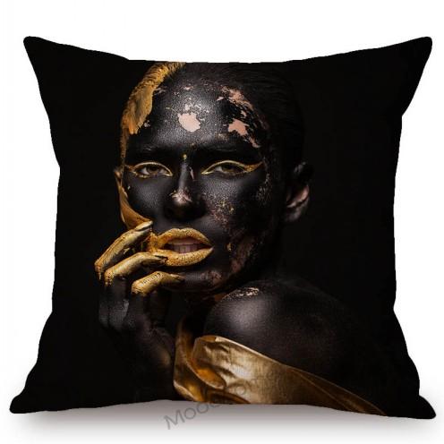 Black Gold African Lady Girl Style Modern Fashion Living Room Luxury Looking Decoration Art Sofa Pillow Case Linen Cushion Cover