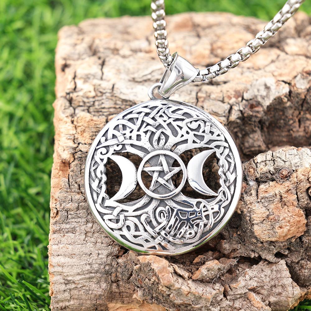Nordic Tree of Life Star Moon Pattern Titanium Steel Pendant Pentagram Retro Necklace Personality Trend Pendant