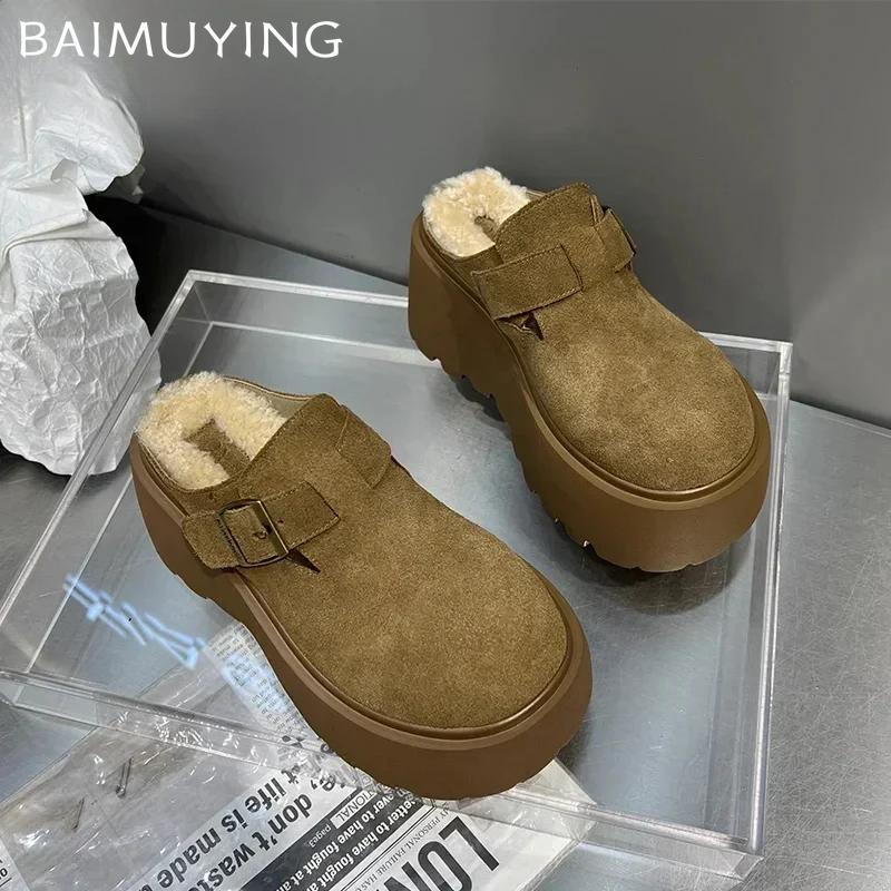 Платформа Высокий каблук Тапочки Женские замшевые туфли-мюли Женские 2025 Тренд Зима Новые Теплые Повседневные Модные Снежные Ботинки Mujer Zapatos
