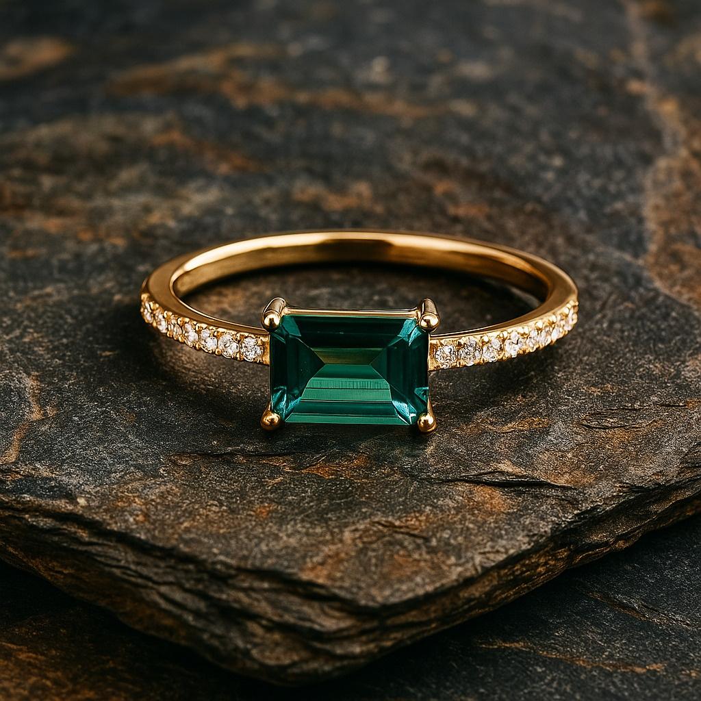 Кольцо-стек из багетов изумруда – Изящное минималистичное кольцо с золотым покрытием, Простое кольцо с изумрудом, Персонализированное ювелирное изделие для ношения в несколько рядов