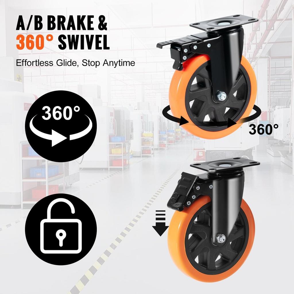 Caster Wheels, 6-inch Swivel Plate Casters, Set of 4, with Security A/B Locking No Noise PVC Wheels, Heavy Duty 700 lbs Load Capacity Per Caster,