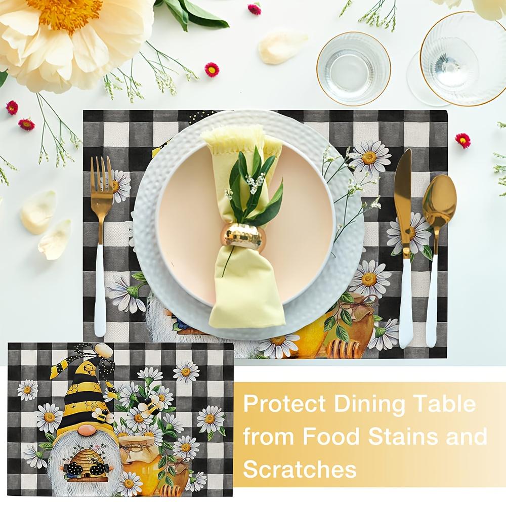 Набор из 4 весенних плейсматов с гномами, пчелами и ромашками в клетку, прямоугольные тканые льняные подставки для стола, только ручная стирка, для декора кухни в стиле фермерского дома, декора для обеда