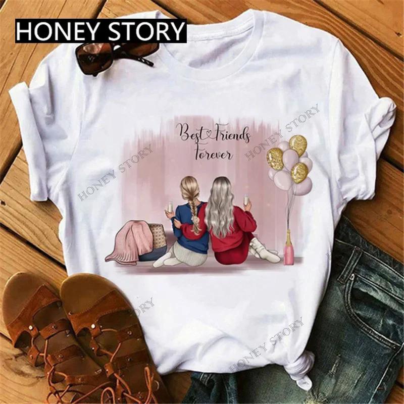 Summer Fashion Best Friends T-Shirt Short Sleeve Graphic Tees for Ladies Good Friend Bestie Sister Outfit Polyester Fabric