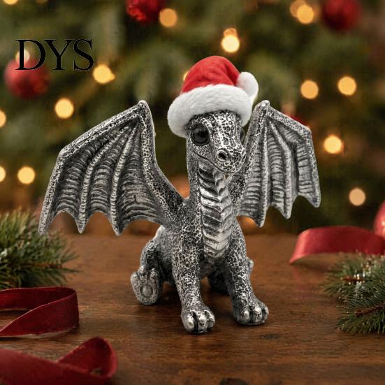 Detailed Dragon Ornament Santa Hat Figurine Ornament, Retro Resin Christmas Ornaments Decoration, Distressed Statue for Desktop Tree Decor Fantasy