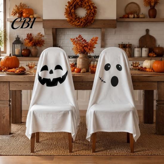 Double Sided Printed Chair Covers 1/4Pcs Halloween Ghost Covers, Spooky Face Dining Slipcover, White Kitchen Party Supplies Decorative Seat