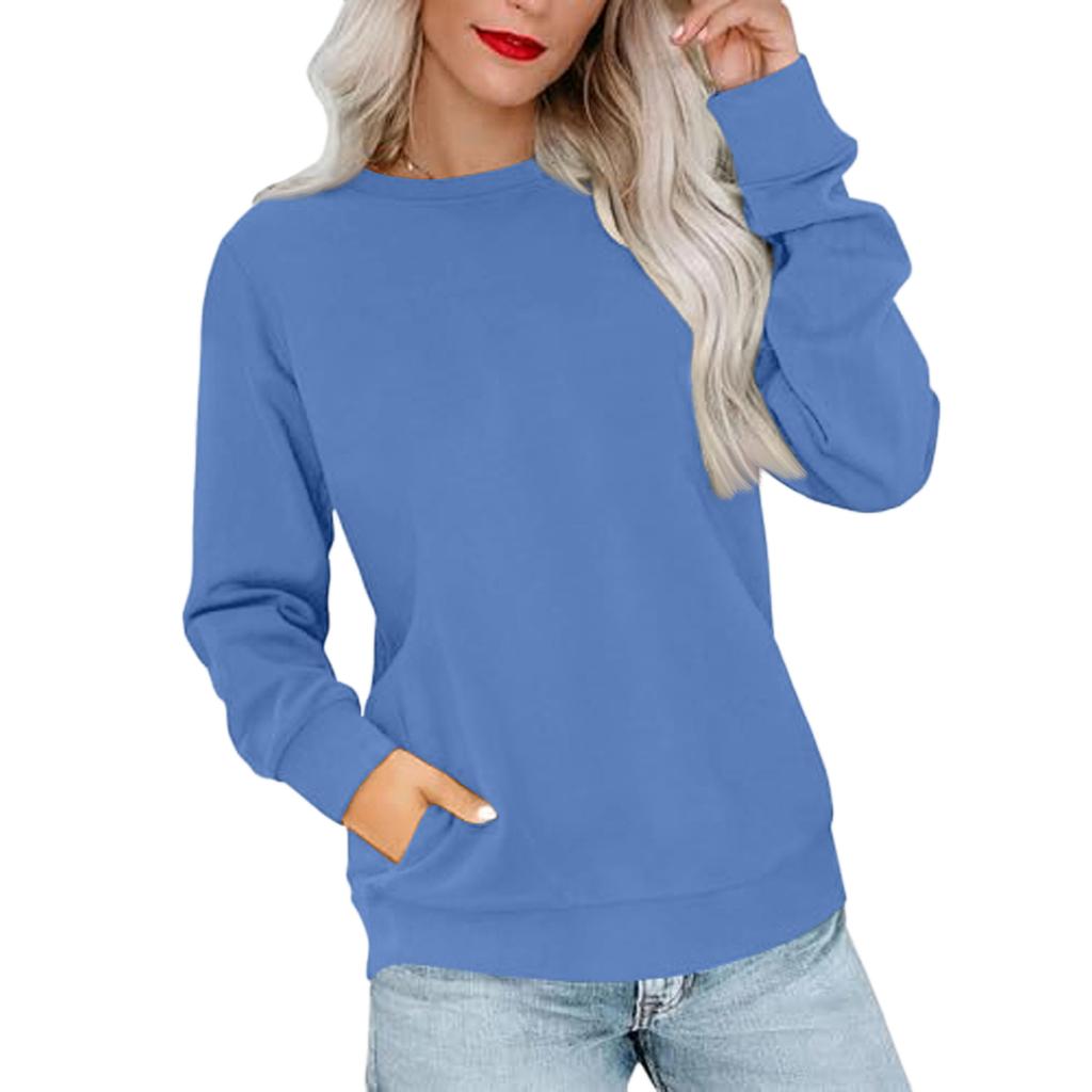 Women's Casual Fashion Solid Color Neck Long Sleeve Sweatshirt Lightweight Pullover With Side Pockets Warm Sweatshirt