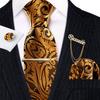Mens Paisley Necktie Gold Tie Bar Brooch Hanky Cufflinks Set for Wedding Dating Formal