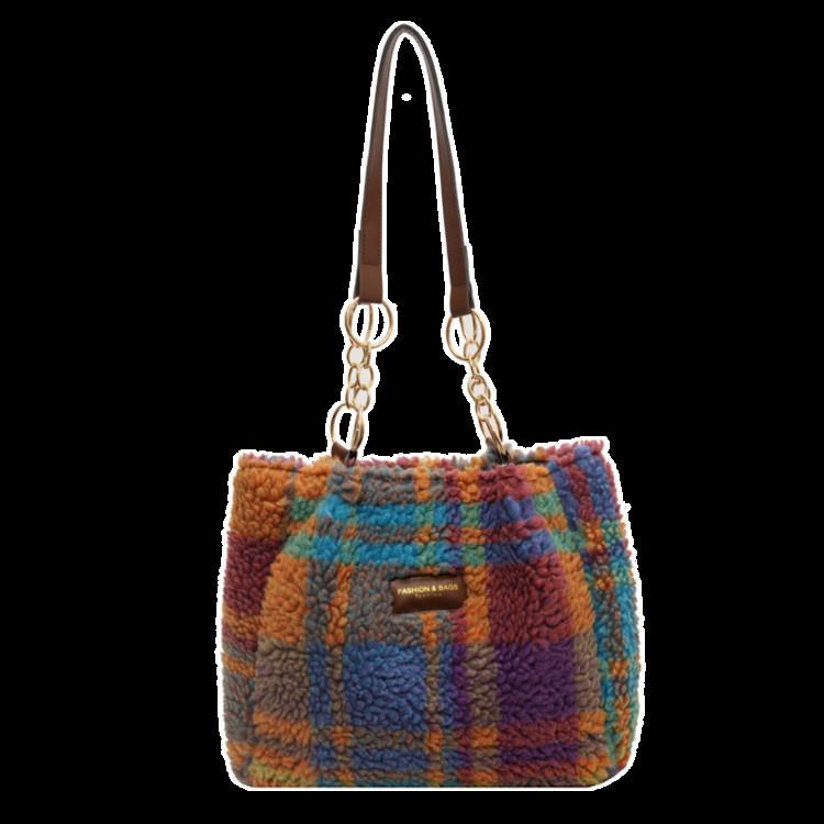Stylish Red Purple Green Plaid Women's Canvas Shoulder Bag Perfect For Fall And Winter Outings