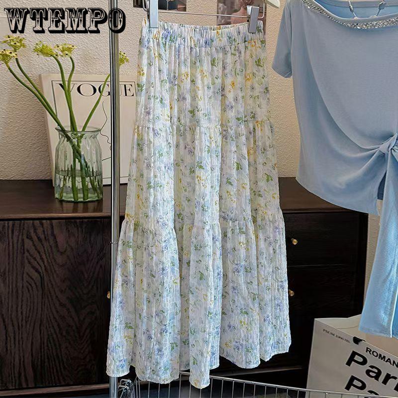 Нежная юбка с французским цветочным принтом, летняя новая маленькая свежая длинная юбка, утягивающая юбка с высокой талией, юбка-трапеция с принтом торта