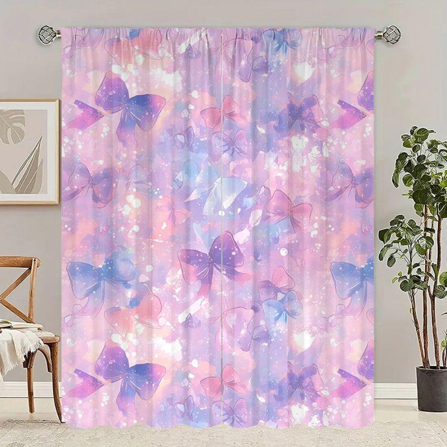 2 pcs Purple bow printed curtains, pole bag curtains, bedroom and living room, home decoration, room decoration