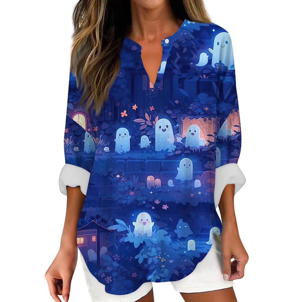 Женские модные повседневные женские топы с v-образным вырезом и длинным рукавом с принтом на Хэллоуин