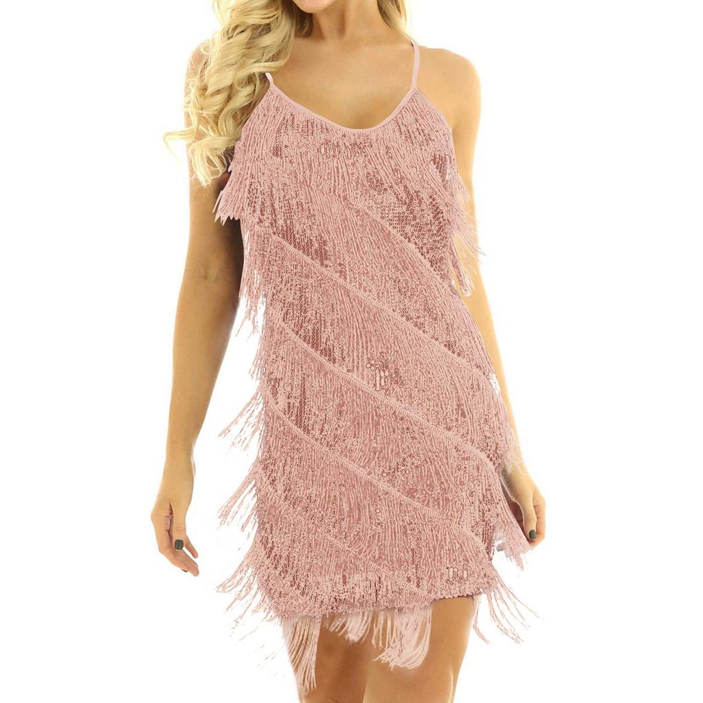 Женское однотонное концертное платье без рукавов с блестками и кисточками