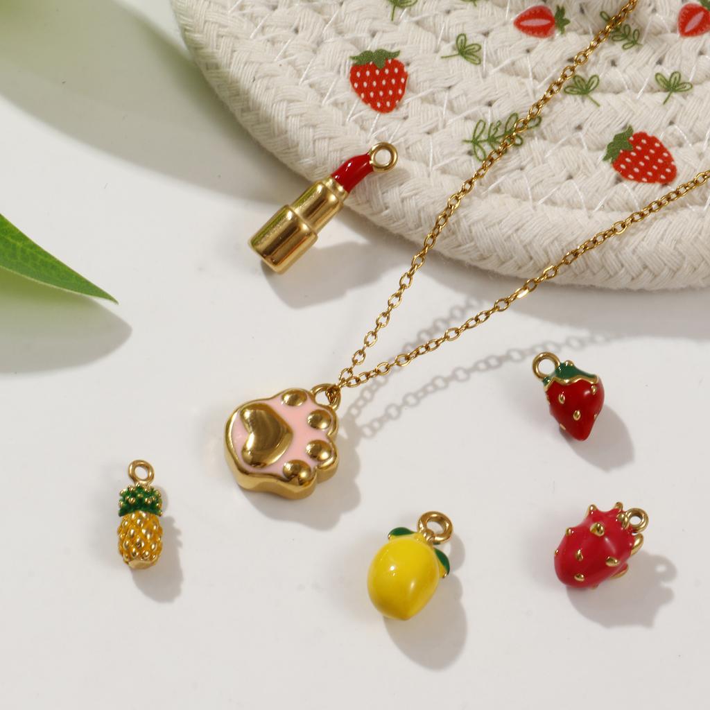 1 Piece 304 Stainless Steel Charms 18K Real Gold Plated Enamel Lipstick Strawberry Mango Pineapple Pendant Necklace DIY Making